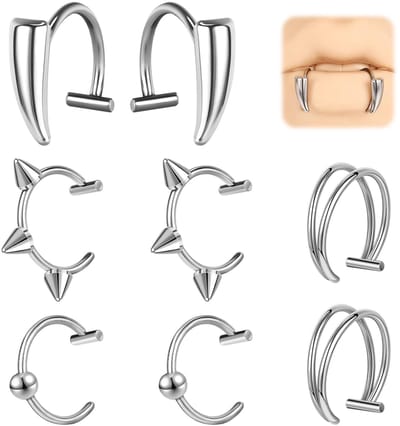 Dailygoods- Neppiercingset 8-delig - Roestvrij Stalen Neuspiercingsring - Fake Lippiercing - Nep Neusring - Septum - Hypoallergeen, Pijnvrij - Neppiercings