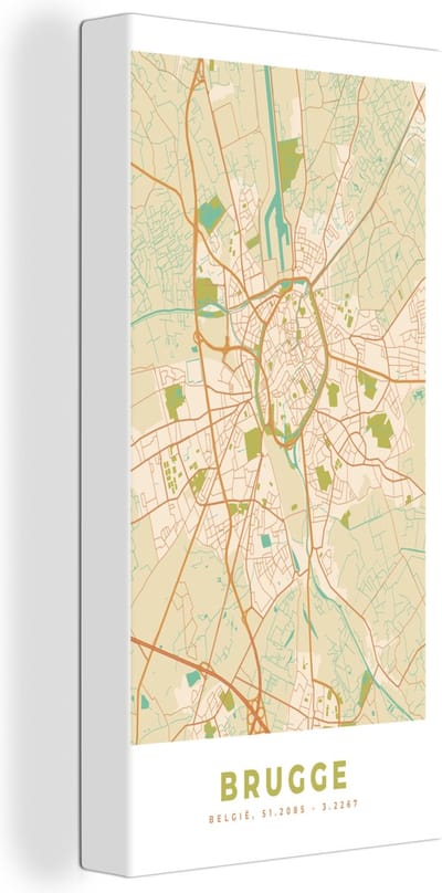 Canvas Schilderij Brugge - Stadskaart - Plattegrond - Kaart - Brugge - 20x40 cm - Wanddecoratie