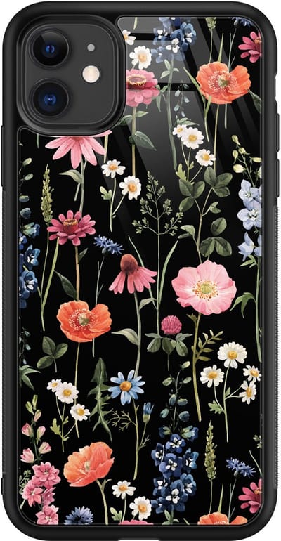 Hoesje geschikt voor iPhone 11 - Dark flowers - Luxe Glazen Hardcase - Bloemen - Multi - Leuke Telefoonhoesjes