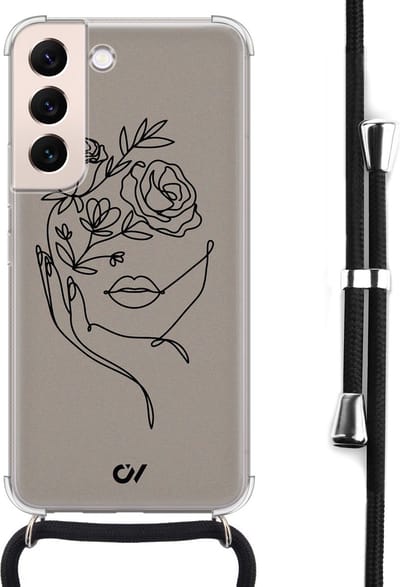 Telefoonhoesje met koord geschikt voor Samsung S22 - Oneline Face Flower - Inclusief koord - Transparant, Bruin - - Crossbody beschermhoes - Met Telefoonketting