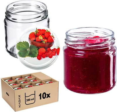 KADAX Kleine inmaakpotten, 200 ml, jampotten, diameter 66 mm, kleine potten voor honing en specerijen, luchtdichte potten, weckpotten, ronde potten (aardbeien, 10 stuks)