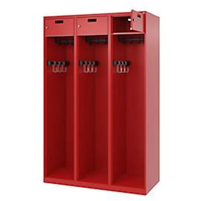 Brandweerkluis C+P Evolo PRAKTUS, 3 vakken, met sokkel, vloerglijders, B 1200 x D 500 x H 1850 mm, RAL 3000 vuurrood