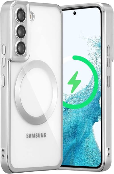 oTronica Hoesje aanstellen voor Samsung Galaxy S22 met Magnetisch Ring en Camera Lensbeschermer - backcover – Transparant/Zilver