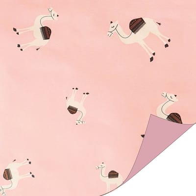 Dubbelzijdig cadeaupapier roze met kamelen- 30 cm x 3 meter- Inpakken- Rol Inpakpapier voor kinderen - FSC