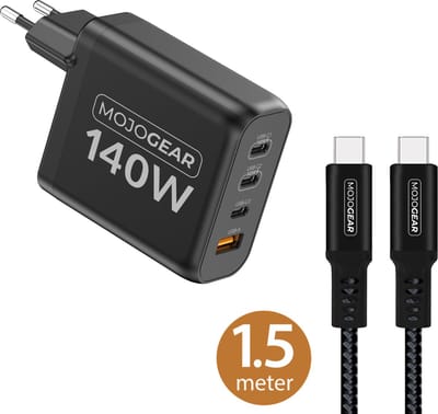 MOJOGEAR CHARGE+ 140 Watt oplader met USB-C naar USB-C kabel 1,5 meter — Geschikt voor laptop, smartphone, tablet — 4 apparten tegelijk opladen — Zwart