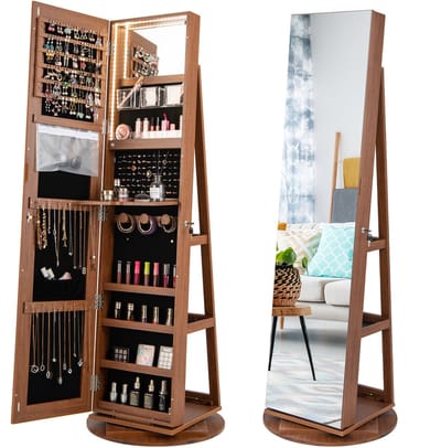 COSTWAY Sieradenkast met led, spiegelkast, 360 graden draaibaar, met frameloze full-body spiegel, sieradenorganizer afsluitbaar, sieradenopslag
