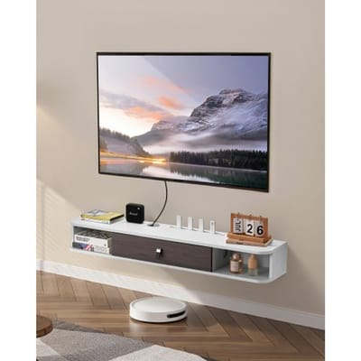 VEVOR TV-meubel Hangende Muurbeugel, TV-meubel met Kabelgat, Zwevende TV-plank met Opbergruimte voor DVD-speler Kabelbox Gameconsole, Wandkast Draagvermogen 52 kg Wit 120 cm Lengte