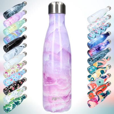 FBFS28, Thermosfles, Drinkfles, Waterfles - Modern & Slank Design - Thermos Fles voor de Warme en Koude Dagen - Dubbelwandig - Robuuste Thermoskan - 500ml - Pink Marble - Roze Marmer