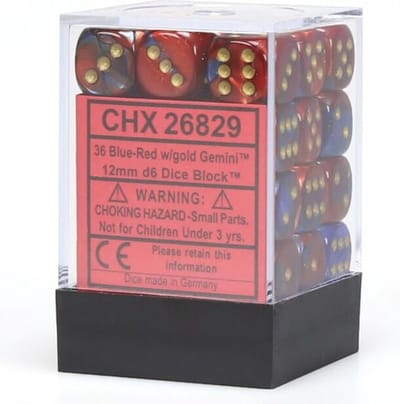 Chessex Gemini Blauw-Rood/goud D6 12mm Dobbelsteen Set (36 stuks)