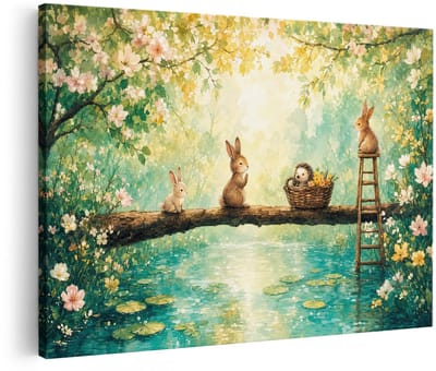 Artaza Canvas Schilderij Schilderende Dieren Bij De Vijver - Aquarel Natuur - 30x20 cm - Klein - Wanddecoratie Woonkamer - Schilderijen - Muurdecoratie