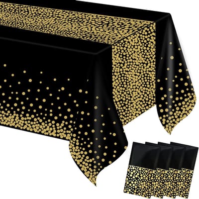 Tafellaken-tafelkleed plastic-tafelzeilPlastic -4-pack feesttafelkleden - Zwarte en gouden stippenconfetti rechthoekige tafelkleden - voor feesten, Halloween, Kerstmis, verjaardagen, babyshowerdecoraties - 137 x 274 cm