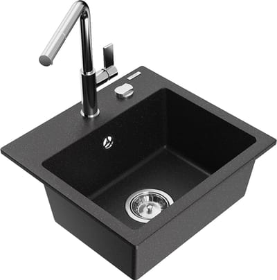 Mexen Milo granieten gootsteen 1-komor met keukenmengkraan Flora, zwart/zilver metallic - 6505-73-670401-00