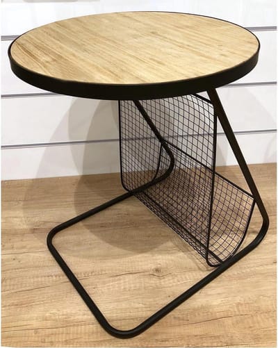 Home Deco Factory Bijzettafel - naturel/zwart - metaal - D41 x H48 cm - met tijdschriften houder