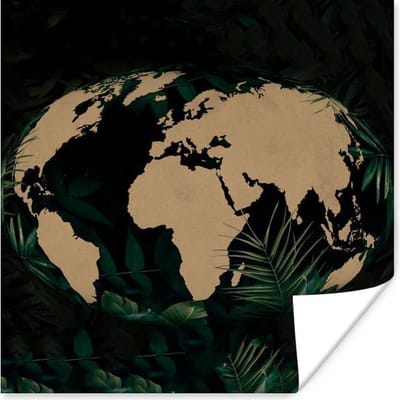 Poster 30x30 cm - Wereldkaart - Wereldbol - Tropische planten - Posters - Kamer decoratie - Wanddecoratie woonkamer - Muurdecoratie slaapkamer