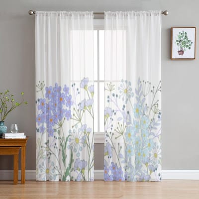 Kruiden En Wilde Bloemen Chiffon Transparante Gordijnen Voor Woonkamer Slaapkamer Decoratie Raam Tule Gordijnen Draperieën 135W x 114H(cm) white