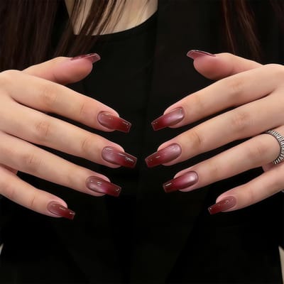 Dailygoods - 24 stuks wijnrood, ombre press-on nagels, ballerina, kattenoog, kunstnagels, lang, bordeauxrood, sarengel-set met kleefpads, nagelvijl en houten stokjes voor dames, doe-het-zelf manicure