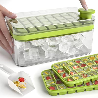 IJsblokjes vorm met bakje en deksel - 2 x 32 IJsklontjes - IJsblokmaker met schep - IJsblokjeshouder - Cube Tray - eenvoudig drukken om het ijs los te maken - Zomer - cocktail, whiskey, koffie - 23.8x13.5x10.9cm
