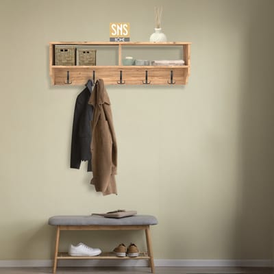 Gesegmenteerd Decoratieve Kapstok - Kapstok Voor Woonkamer - Slaapkamer Kapstok - Esthetische Plank - 5x3 Haak - Gangpad - Schoen Top Kapstok - 120 cm - Pijnboom/Grenen