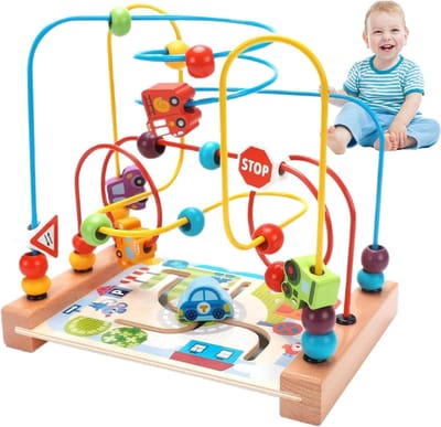 Parellabyrint Achtbaan - Kralenspiraal Houten Speelgoed - Motorische Ontwikkeling - Drie Rails Systeem - 21 x 20 x 15 cm