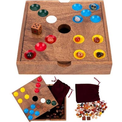 Edelstenen Spel – Walnoothout – 18,3 x 18,3 x 4 cm – Inclusief 60 Edelstenen – Strategisch Bordspel – Engelhart
