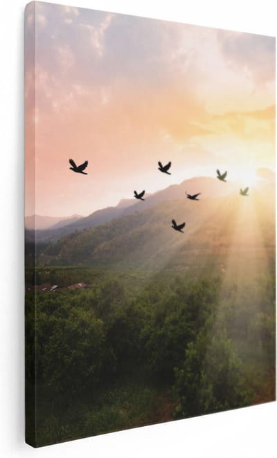 Artaza Canvas Schilderij Zonsondergang - 30x40 cm - Klein - Wanddecoratie Bergen - Muurdecoratie Vogels - Kamer Accessoires Natuur