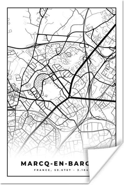 Poster Kaart – Stadskaart – Marcq-en-Barœul - Frankrijk – Plattegrond - Zwart wit - 120x180 cm XXL
