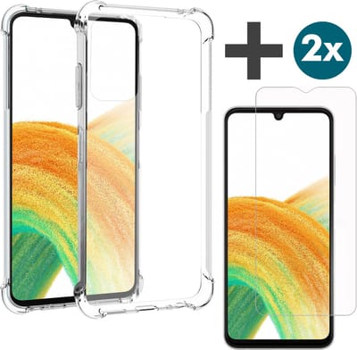 Samsung Galaxy A33 hoesje transparant siliconen backcover met verstevigde hoeken Inclusief 2 Stuks Screenprotector tempered glass
