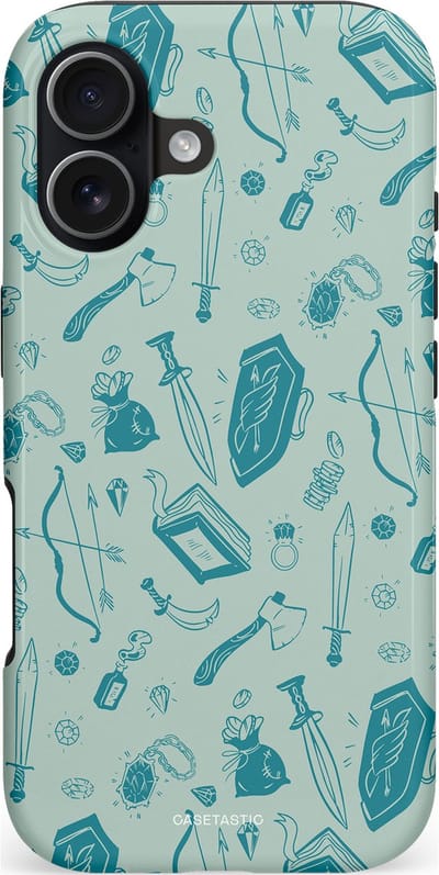Casetastic hoesje geschikt voor Apple iPhone 17 - MagSafe - Dubbellaagse bescherming - Avontuurlijke buit vol wapens - Fashion Case - Zilver Saliegroen Petrol