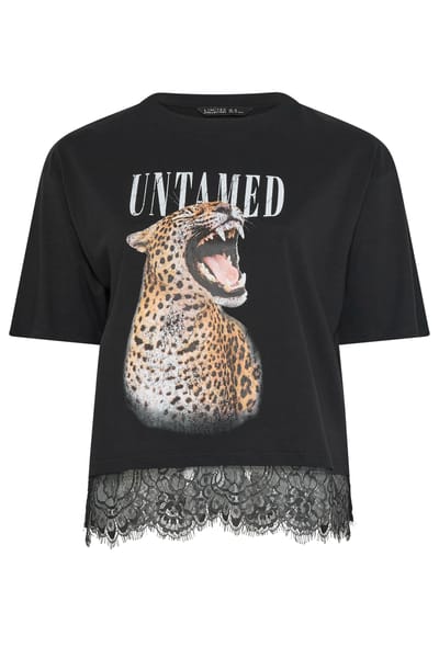 Limited Collection Zwart 'Untamed' Tshirt Met Luipaardprint En Kanten Zoom Size 38