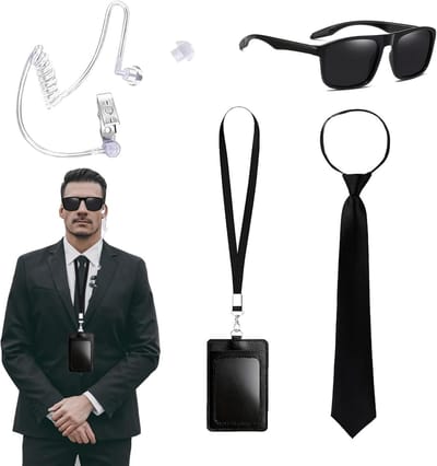 Set van 5 accessoires voor agenten, inclusief zonnebril, stropdas, kaarthouder en oortje voor kostuums en carnaval voor mannen