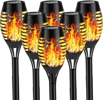 Buitenlamp op zonne-energie met vlameffect, zaklamp op zonne-energie met knipperende vlam, geschikt voor tuindecoratie - terrasverlichting voor paden, gazon en patio (zwart, 6 stuks)