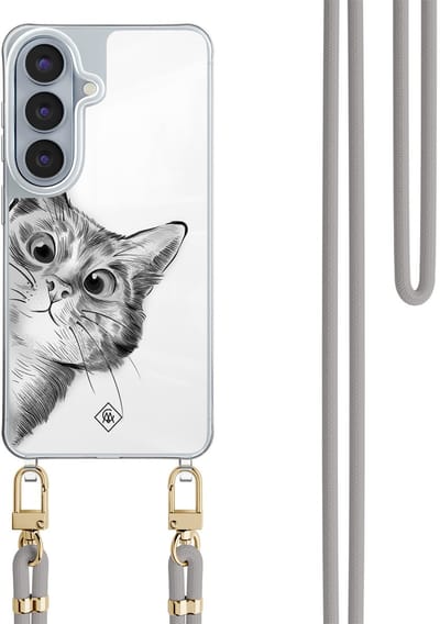 Casimoda® hoesje met grijs koord - Geschikt voor Samsung S26 - Peekaboo Kat - Afneembaar koord - TPU/polycarbonaat - Grijs