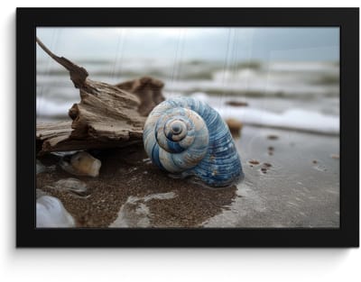 Poster in lijst - Fotolijst 30x20 cm - Posters - Schelp - Strand - Blauw - Zee - Posterlijst zwart - Decoratie - Wanddecoratie woonkamer - Muurdecoratie slaapkamer