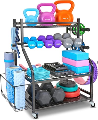 Opbergrek voor Fitnessapparatuur - Halterrek en Yogamat Rack met Zwenkwielen voor Thuisgym