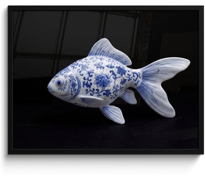 Poster in lijst - Fotolijst 80x60 cm - Posters - Porselein - Goudvis - Delfts - Blauw - Posterlijst zwart - Decoratie - Wanddecoratie woonkamer - Muurdecoratie slaapkamer