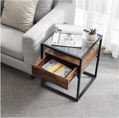 MIRA - Glazen bijzettafel | Vintage | Glas | Hout | Industrieel | 43 x 43 x 54 ( L X B X H )