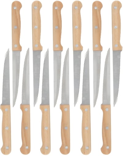 Gerimport Steakmessen / vleesmessen bestek - 12x stuks - 21 cm - houten handvat - scherpe messen