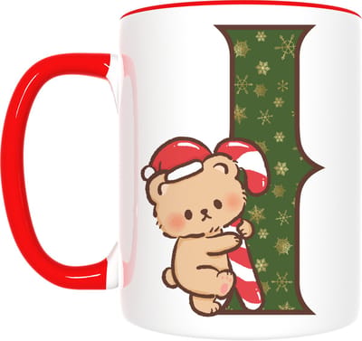 Kerst Mok met Letter I & Schattige Beer – Lief Cadeau met Kerstoutfit – Inclusief Cadeauverpakking – 350ml