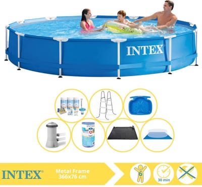 Intex Rond Frame Zwembad - 366 x 76 cm - Blauw - Inclusief Onderhoudspakket - Zwembadfilterpomp - Filter - Grondzeil - Solar Mat - Ladder - Voetenbad - 8-delig