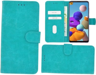 Geschikt voor Samsung Galaxy A11 hoes Effen Wallet Bookcase Hoesje Cover Turquoise Pearlycase
