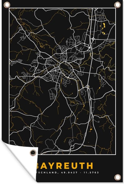 Muurdecoratie Duitsland – Black and Gold – Bayreuth – Stadskaart – Kaart – Plattegrond - 120x180 cm - Tuinposter - Tuindoek