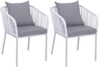 Set van 2 tuinstoelen MCW-N41, met armleuningen, weerbestendig aluminium vlechtwerk Rope ~ lichtgrijs, kussens lichtgrijs