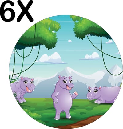 Luxe Ronde Placemat - Vrolijke Nijlpaarden in het Bos - Getekend - Set van 6 Placemats - 50x50 cm - 2 mm dik Vinyl - Anti Slip - Afneembaar