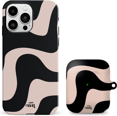 xoxo Wildhearts telefoonhoesje geschikt voor iPhone 13 Pro met AirPods 1 en 2 hoesje - set - Ride With Me - Double Layer - Telefoonhoesje met dubbele beschermlaag - Golvend patroon case - Zwart en beige