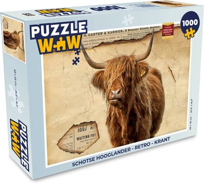Puzzel Schotse hooglander - Retro - Krant - Legpuzzel - Puzzel 1000 stukjes volwassenen