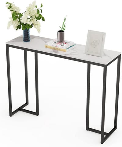 Smalle Consoletafel - Moderne Haltafel Met Marmerlook - Hoogglans Sintersteen Effect - Zwarte Poten - Luxe Sofa Sidetable Voor Woonkamer En Gang