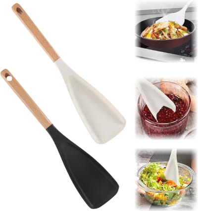 Multifunctionele Kookspatels - Hittebestendig Siliconen Spatel met Houten Handvat - Set van 2 (Wit en Zwart)