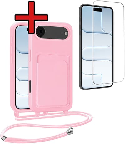 Hoesje Geschikt voor iPhone Air Hoesje Met Telefoonkoord en Pasjeshouder Met Screenprotector Siliconen - Hoes Geschikt voor iPhone Air Hoesje Met Kaarthouder Case - Lichtroze