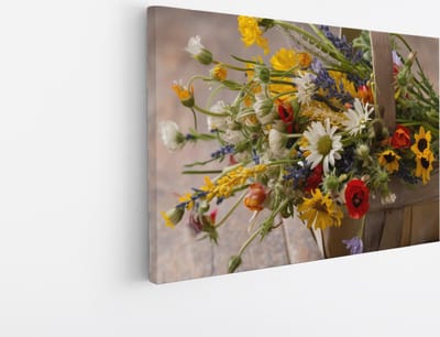 Saammp Canvas Schilderij - Bloemenmand met Wilde Bloemen - Natuur - Abstract - 30x20 - Foto op canvas - Wanddecoratie - Muurdecoratie Woonkamer - Kantoor Decoratie