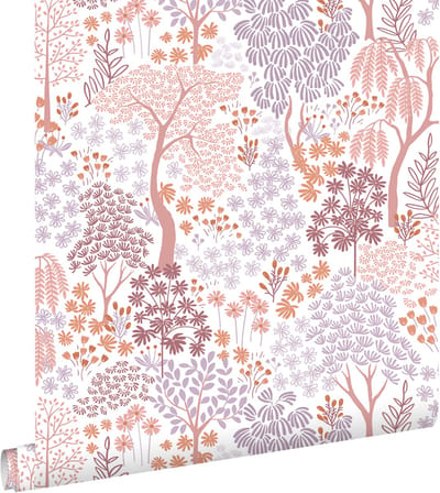 ESTAhome behang bomen en bloemen paars en oranje - 50 x 900 cm - 131184
